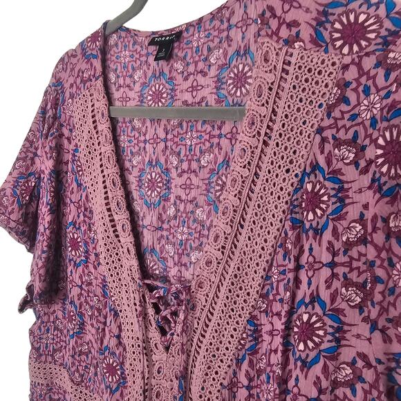 Torrid Floral Babydoll Top Plus Size 3X Crochet Tasseled Boho Cottage Soft Girl - Picture 6 of 9